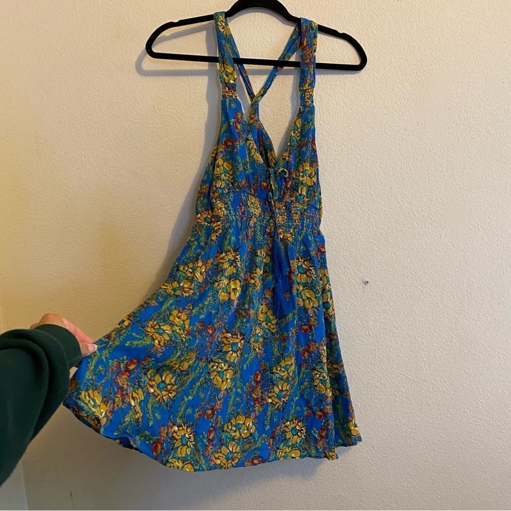 Free people blue and yellow floral mini summer dress